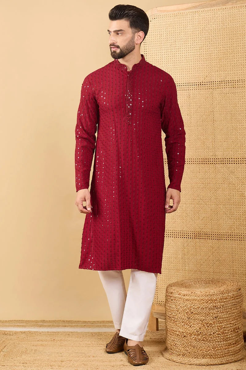 Maroon Solid Embroidered Mens Kurta - Wedding Kurta for Men