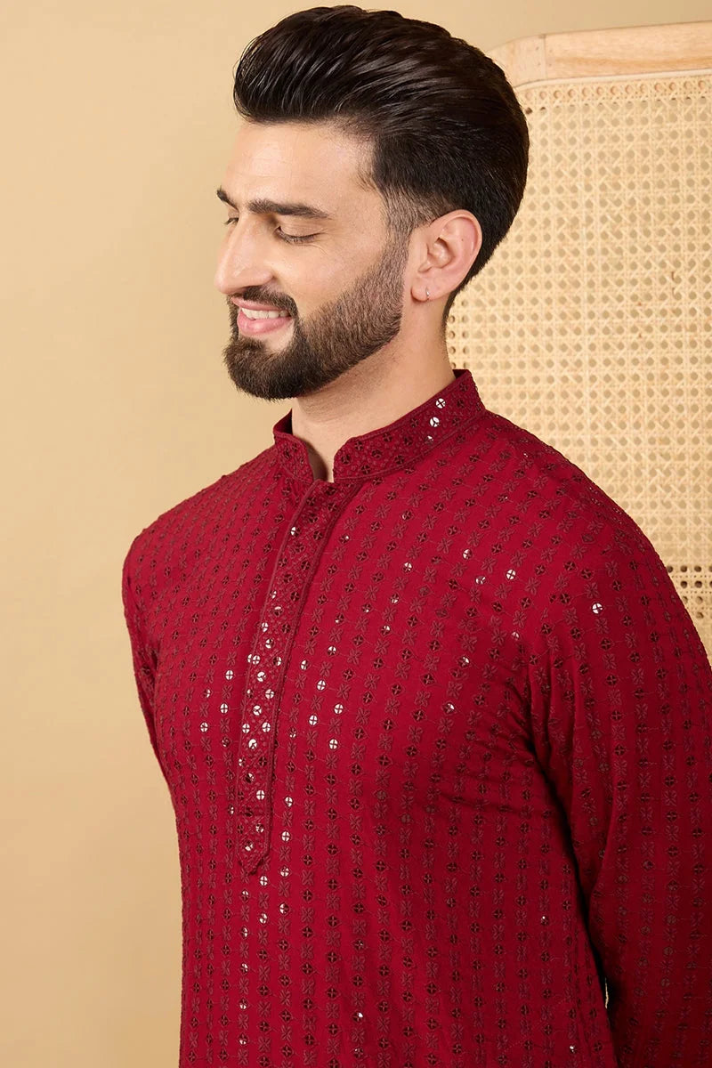 Maroon Solid Embroidered Mens Kurta - Wedding Kurta for Men