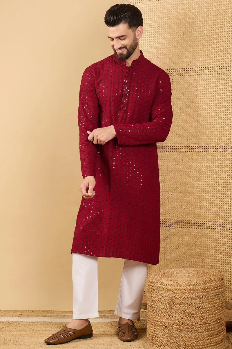 Maroon Solid Embroidered Mens Kurta - Wedding Kurta for Men