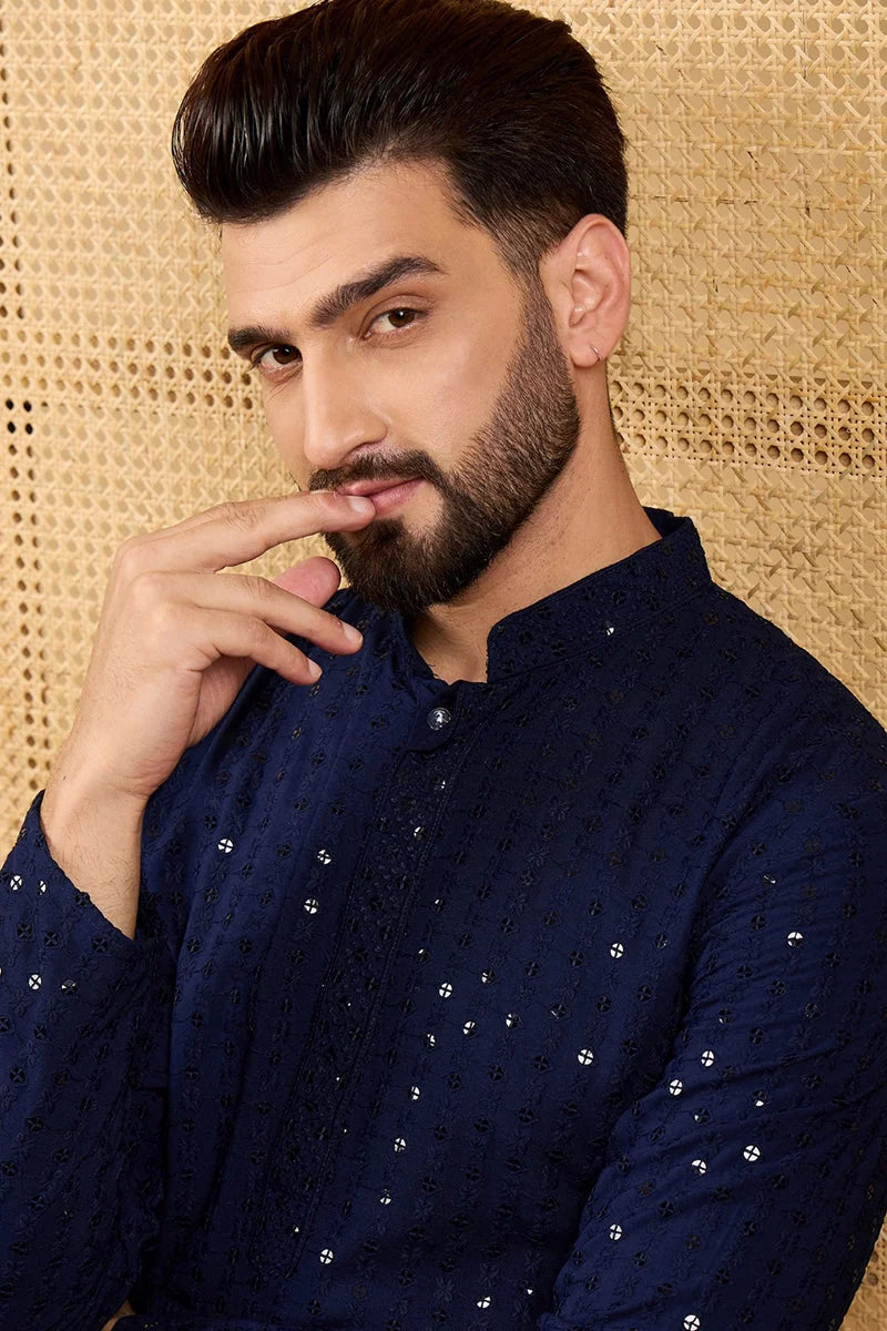 Navy Blue Embroidered Indian Kurta for Men