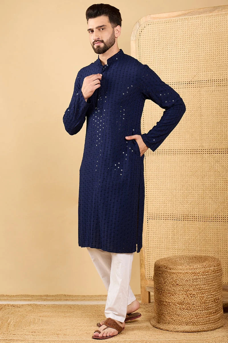 Navy Blue Embroidered Indian Kurta for Men