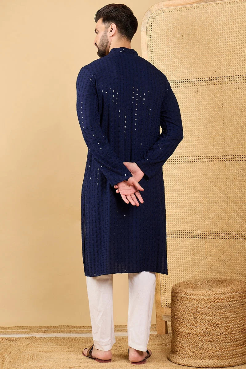 Navy Blue Embroidered Indian Kurta for Men