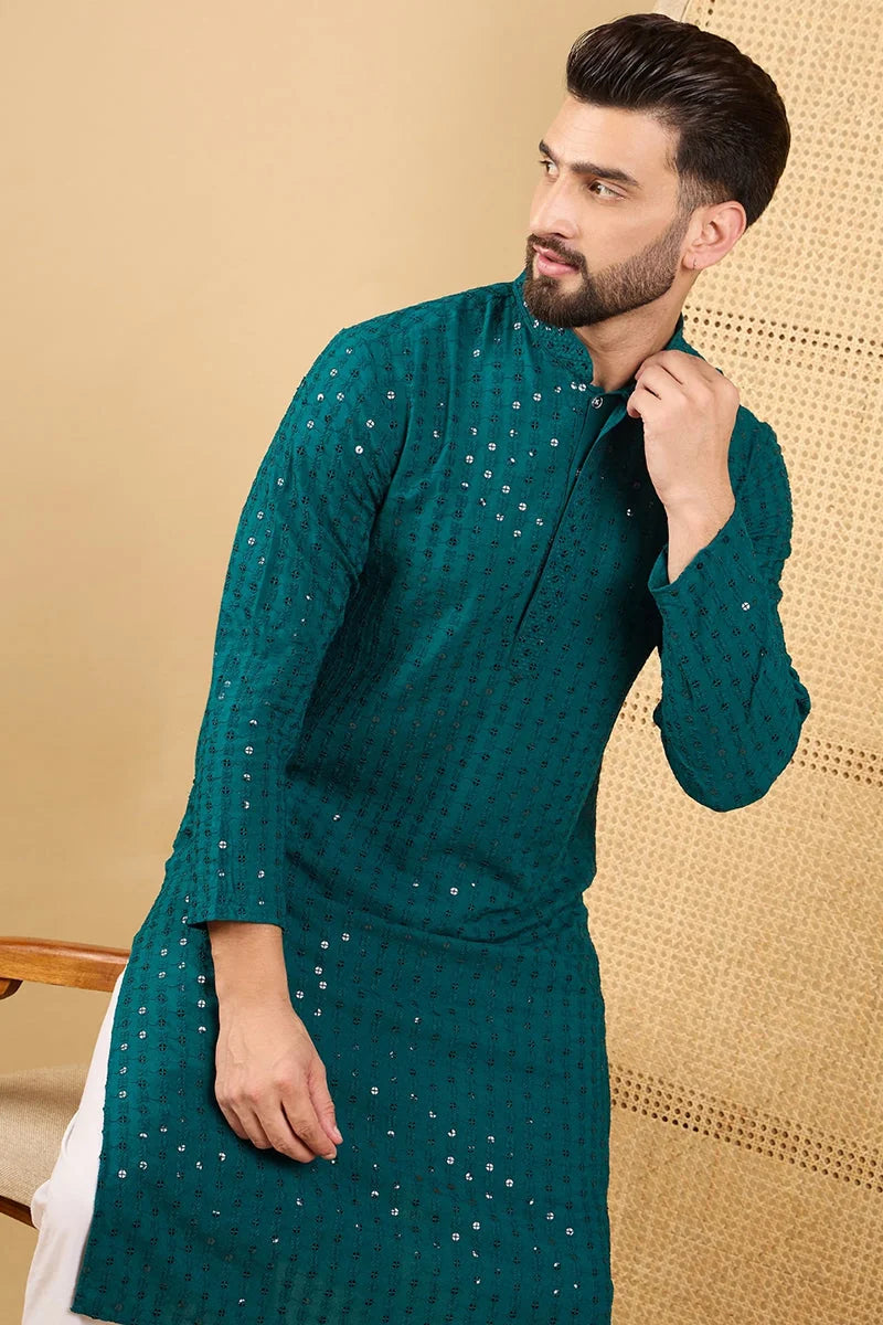 Teal Green Embroidered Viscose Rayon Indian Kurta for Men