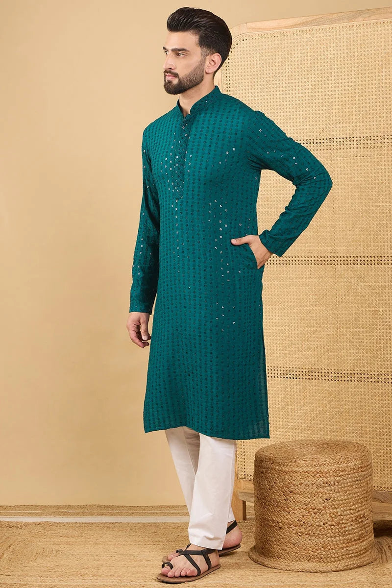 Teal Green Embroidered Viscose Rayon Indian Kurta for Men