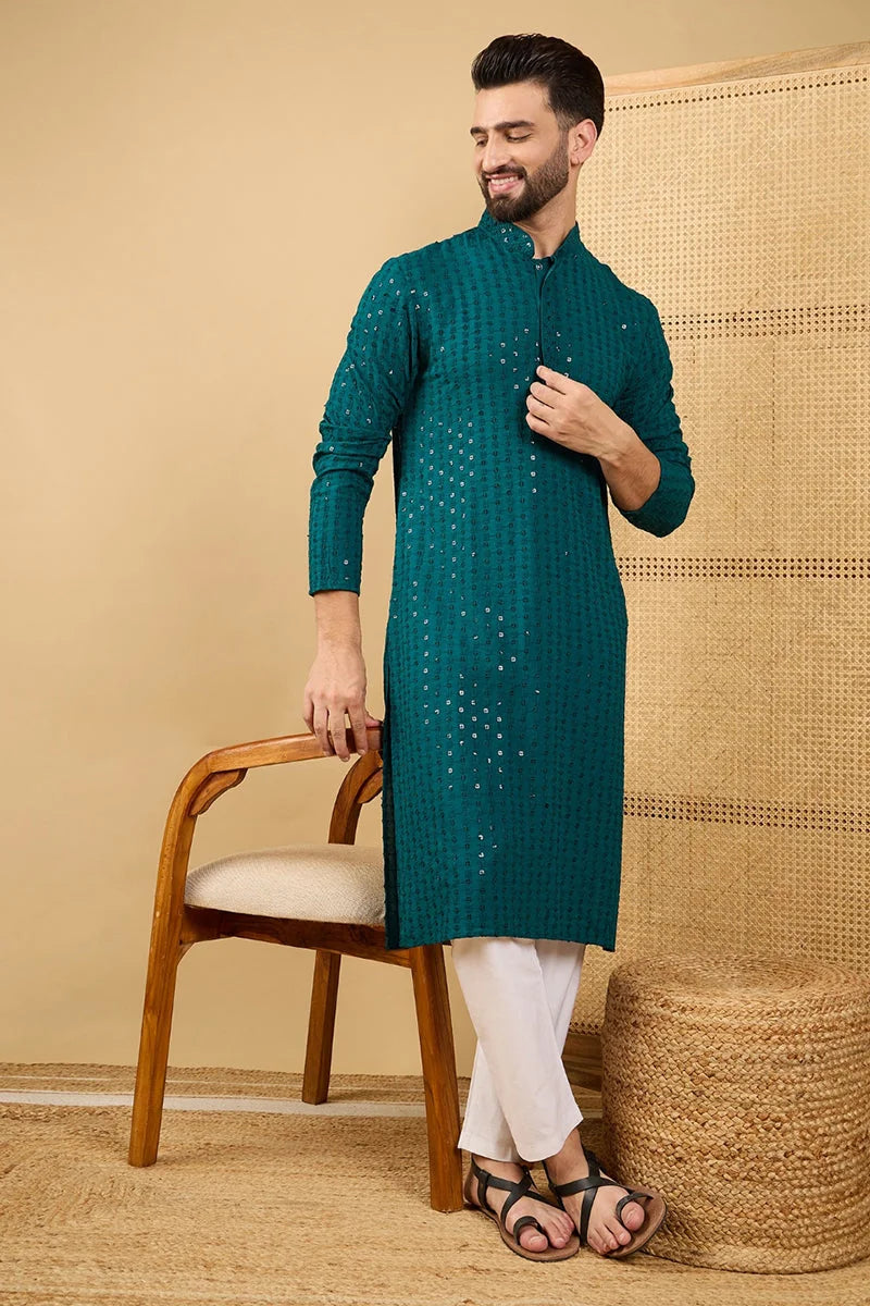 Teal Green Embroidered Viscose Rayon Indian Kurta for Men