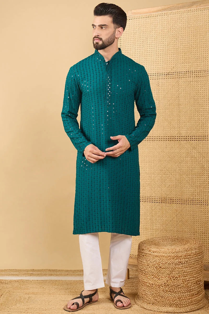 Teal Green Embroidered Viscose Rayon Indian Kurta for Men
