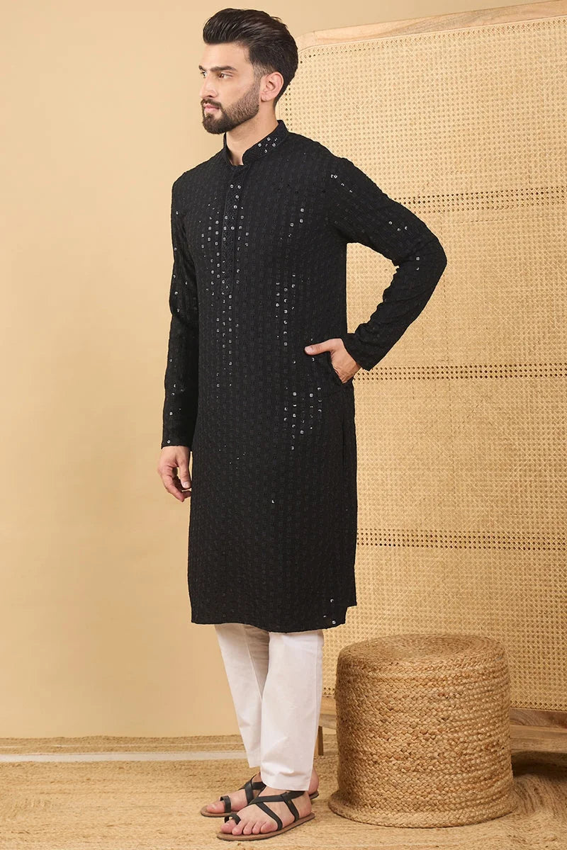 Black Embroidered Viscose Rayon Indian Kurta for Men