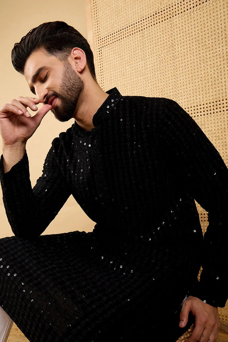 Black Embroidered Viscose Rayon Indian Kurta for Men