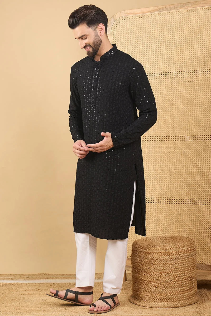 Black Embroidered Viscose Rayon Indian Kurta for Men