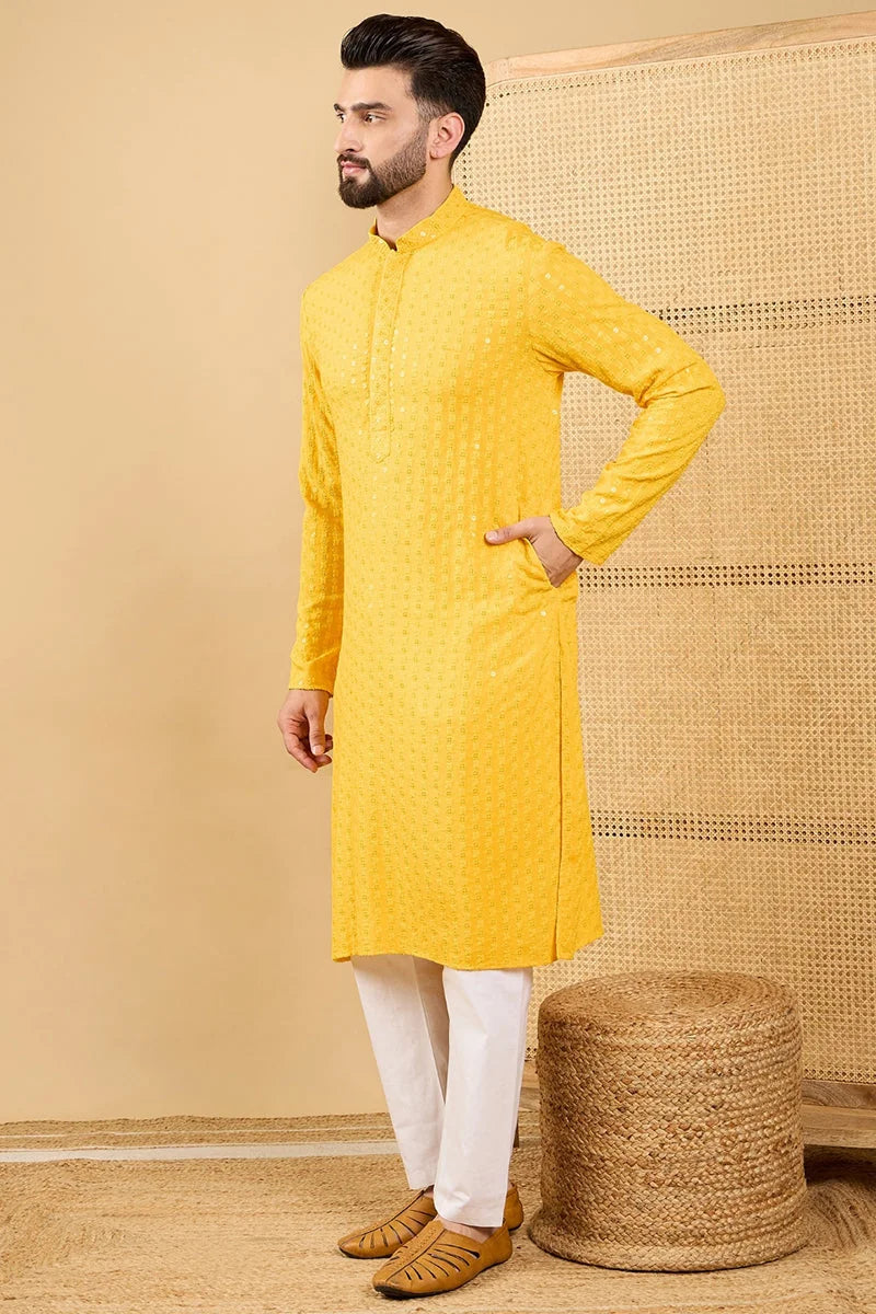 Yellow Embroidered Viscose Rayon Indian Kurta for Men