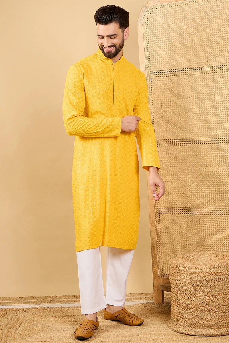 Yellow Embroidered Viscose Rayon Indian Kurta for Men