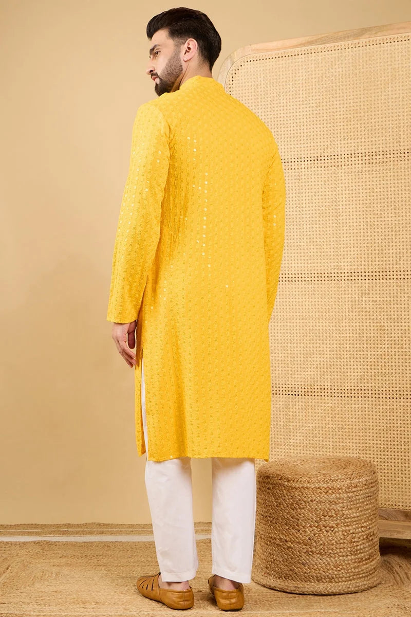 Yellow Embroidered Viscose Rayon Indian Kurta for Men