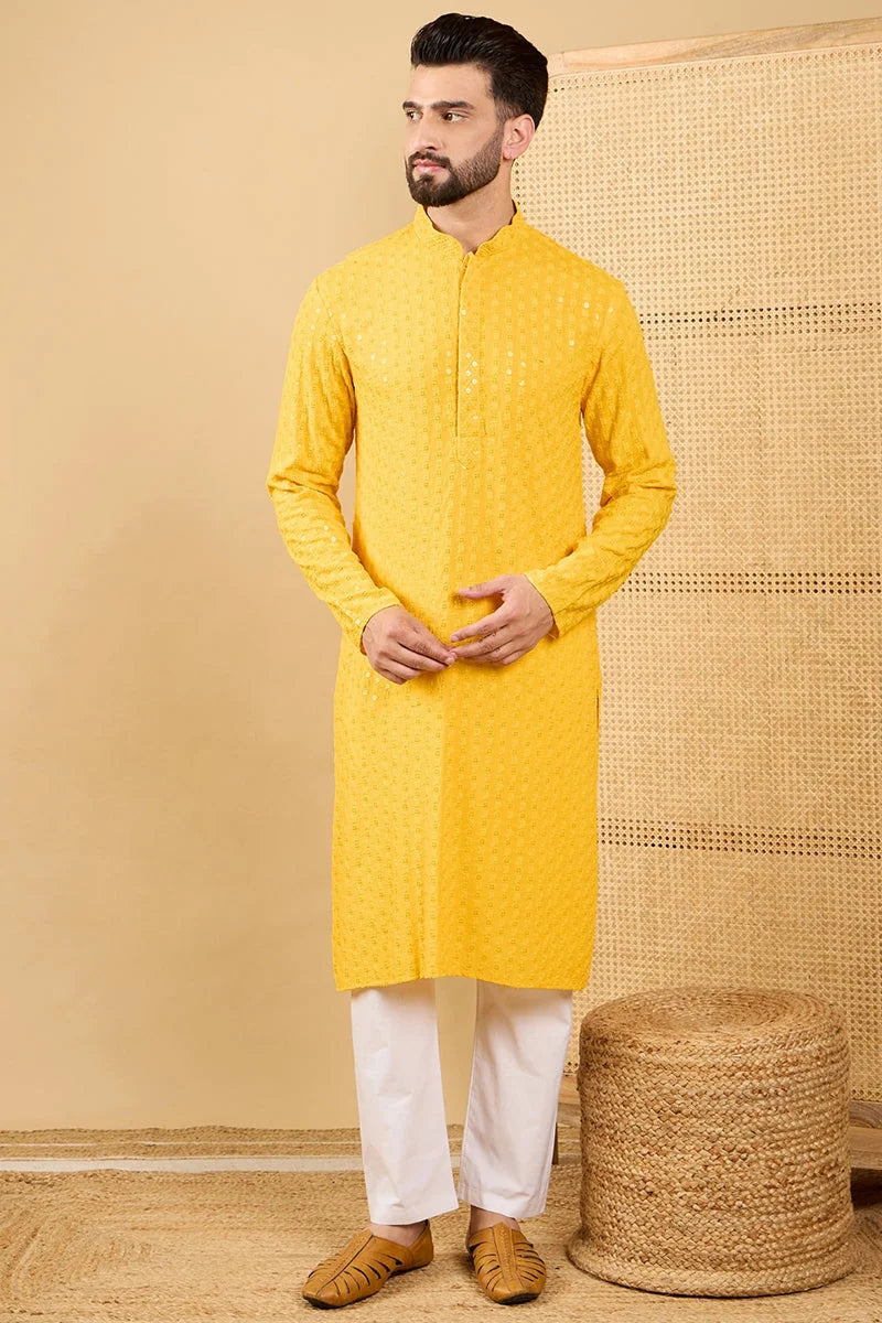 Yellow Embroidered Viscose Rayon Indian Kurta for Men
