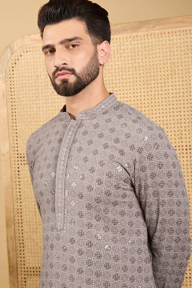 Grey Viscose Rayon Solid Embroidered Straight Kurta HOPMKU1049 | DesiQ