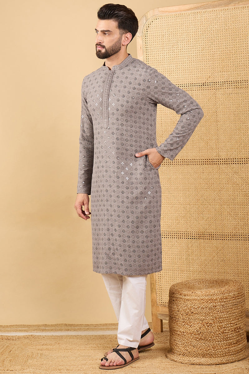 Grey Viscose Rayon Solid Embroidered Straight Kurta HOPMKU1049 | DesiQ