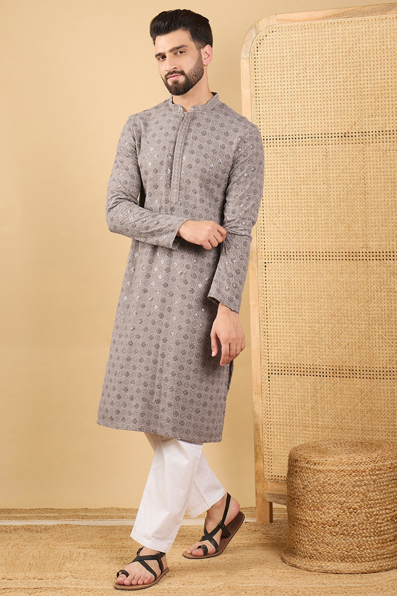 Grey Viscose Rayon Solid Embroidered Straight Kurta HOPMKU1049 | DesiQ