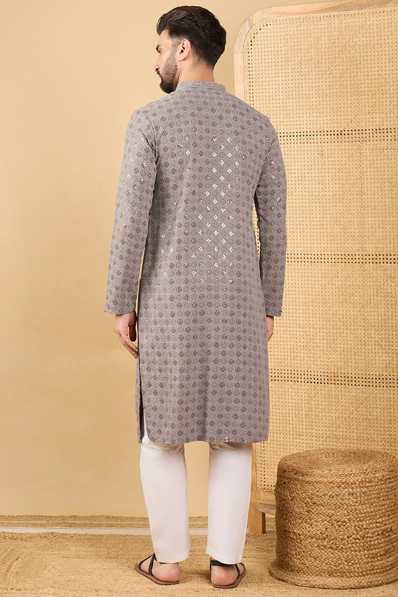 Grey Viscose Rayon Solid Embroidered Straight Kurta HOPMKU1049 | DesiQ