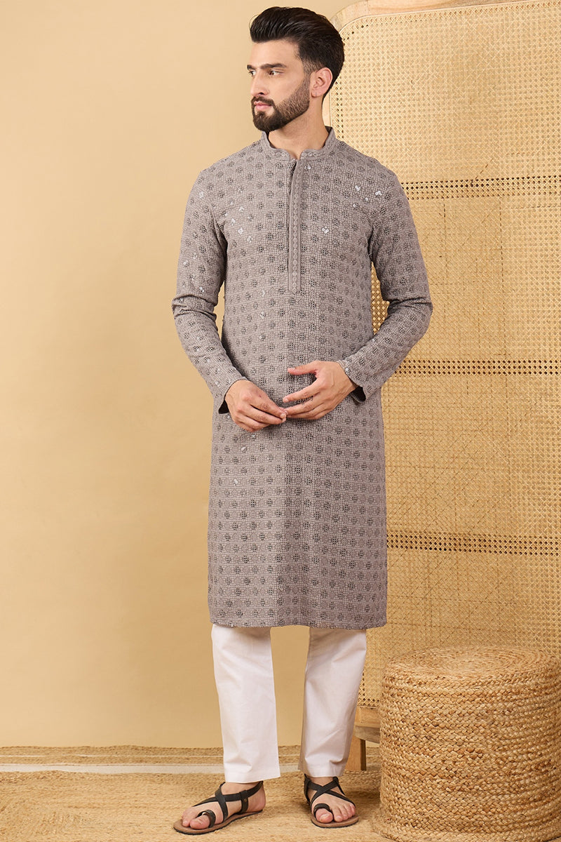 Grey Viscose Rayon Solid Embroidered Straight Kurta HOPMKU1049 | DesiQ