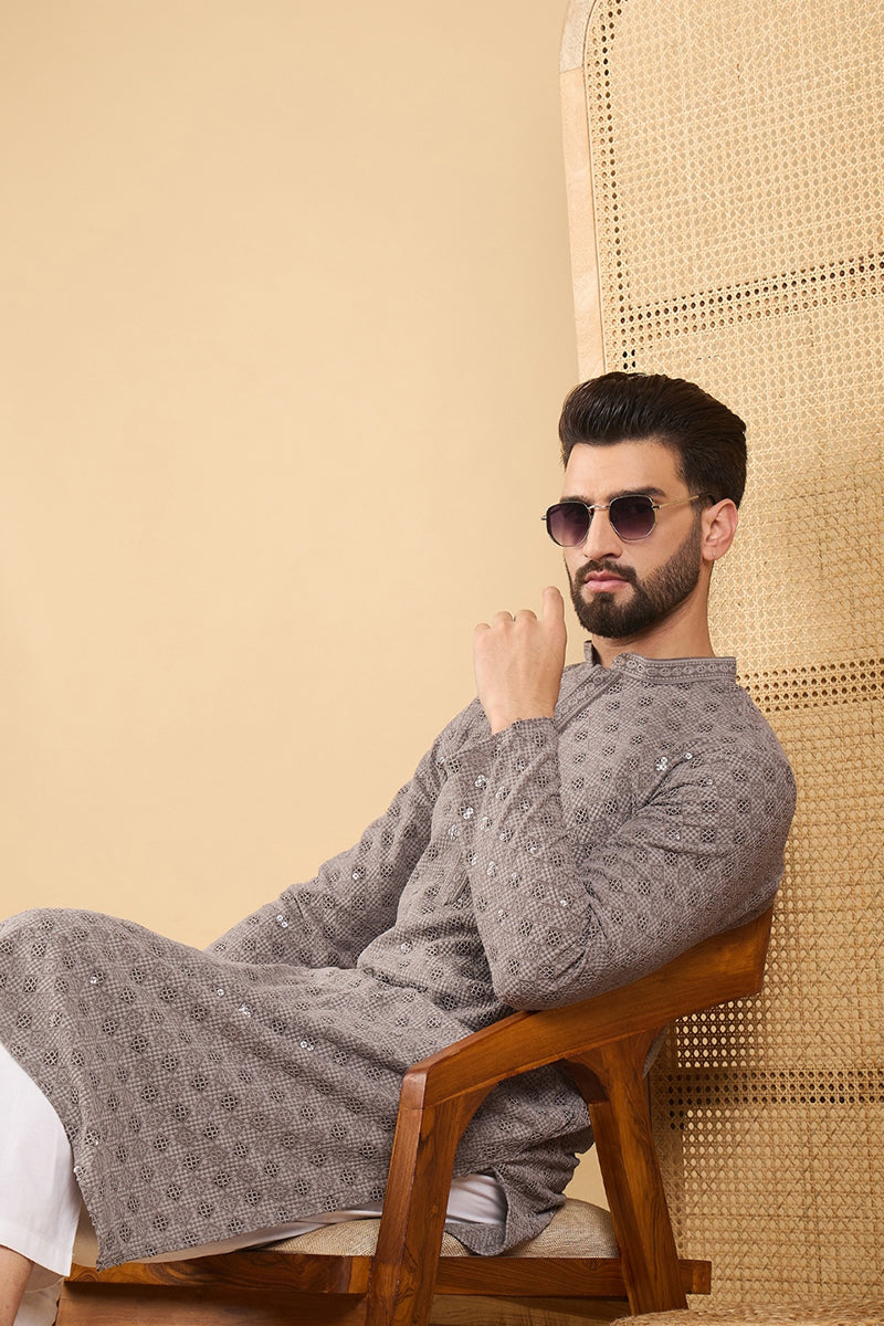 Grey Viscose Rayon Solid Embroidered Straight Kurta HOPMKU1049 | DesiQ