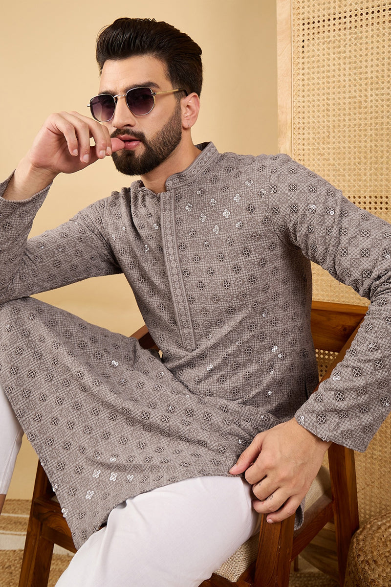 Grey Viscose Rayon Solid Embroidered Straight Kurta HOPMKU1049 | DesiQ