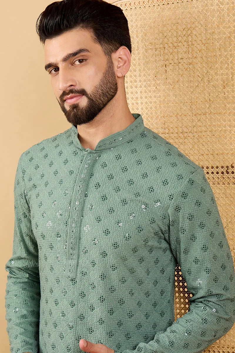 Green Embroidered Indian Kurta - Viscose Rayon Mens Kurta