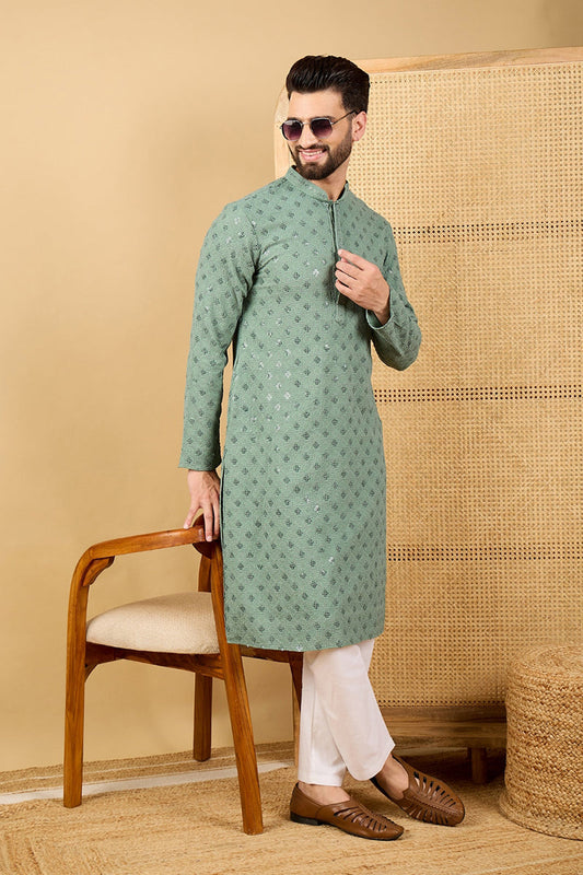 Ethnic Bay Green Viscose Rayon Solid Embroidered Straight Chikankari Kurta MKU1050 800