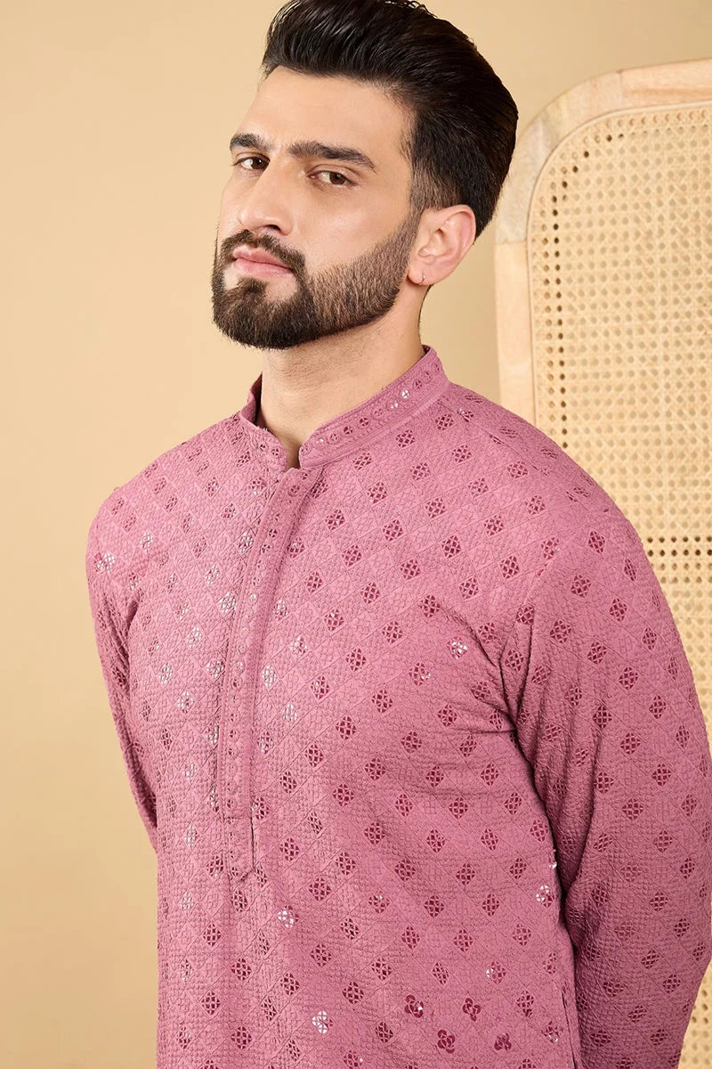 Mauve Embroidered Mens Kurta - Viscose Rayon Chikankari Kurta