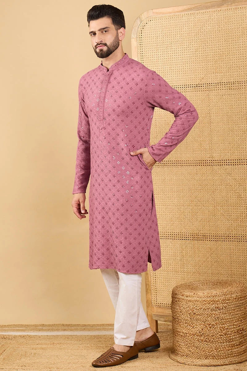 Mauve Embroidered Mens Kurta - Viscose Rayon Chikankari Kurta