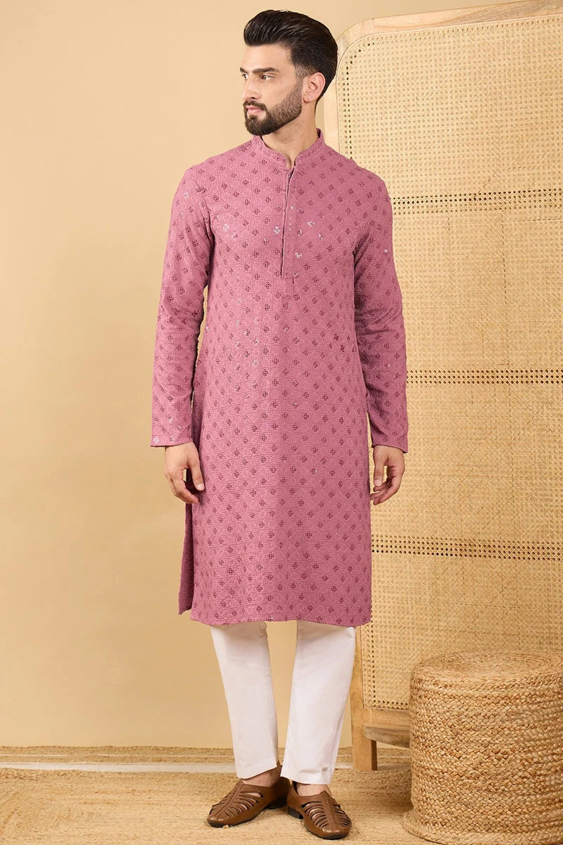 Mauve Embroidered Mens Kurta - Viscose Rayon Chikankari Kurta