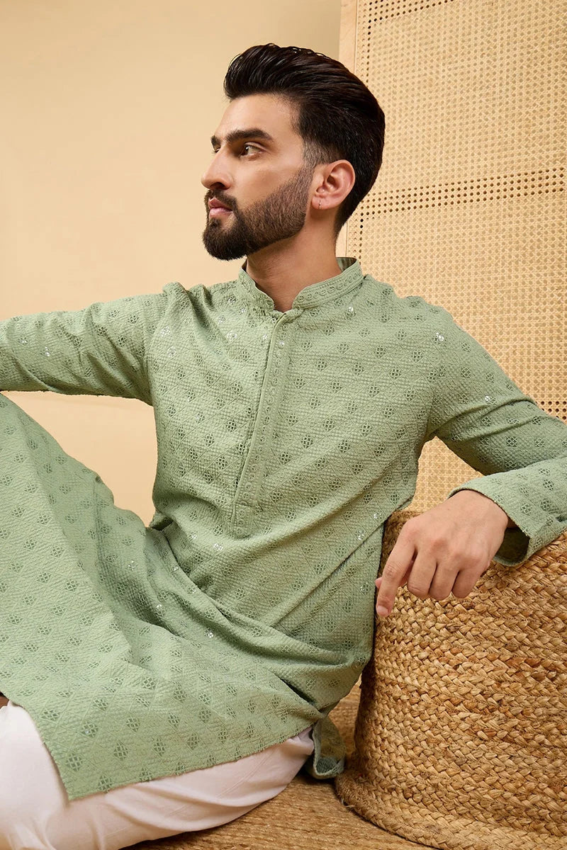 Green Embroidered Indian Kurta - Viscose Rayon Mens Kurta - Style 1