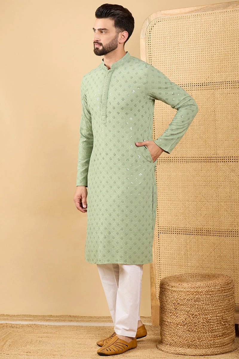 Green Embroidered Indian Kurta - Viscose Rayon Mens Kurta - Style 1