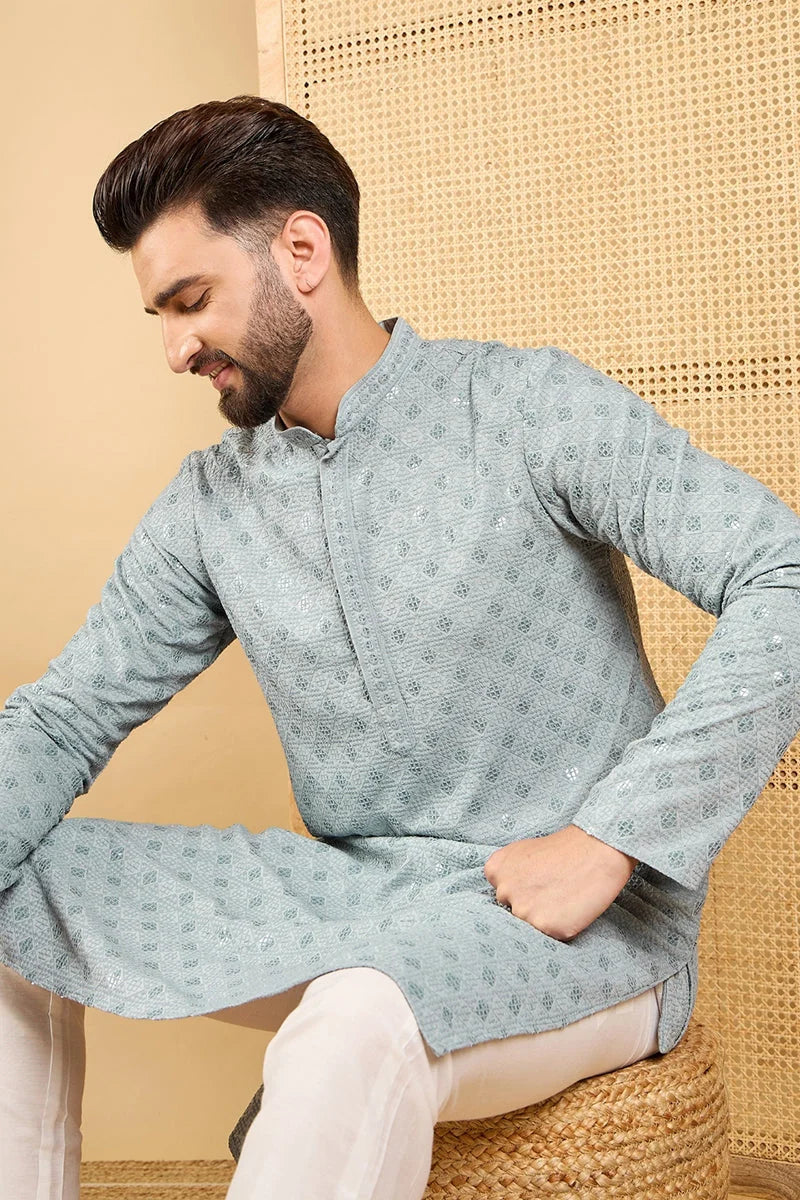 Grey Embroidered Mens Kurta - Viscose Rayon Chikankari Kurta - Style 1