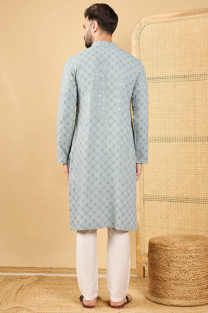 Grey Embroidered Mens Kurta - Viscose Rayon Chikankari Kurta - Style 1