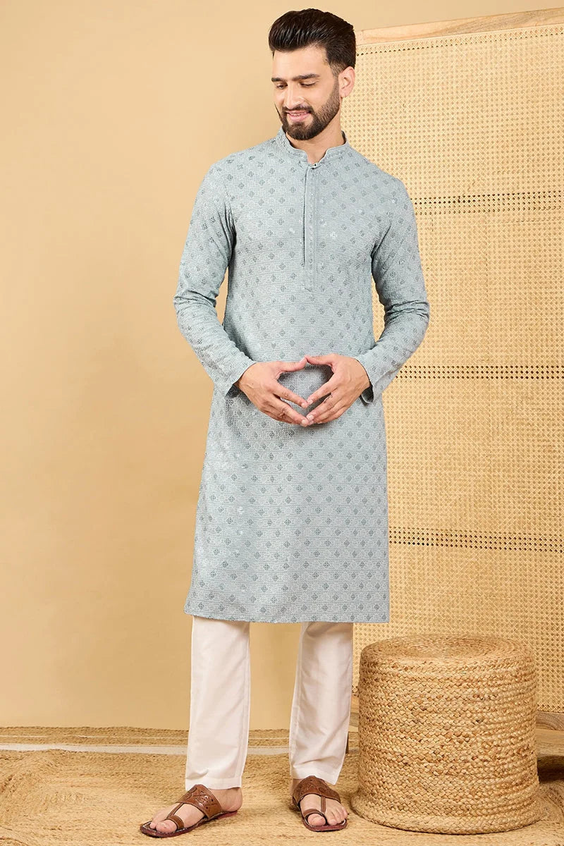 Grey Embroidered Mens Kurta - Viscose Rayon Chikankari Kurta - Style 1