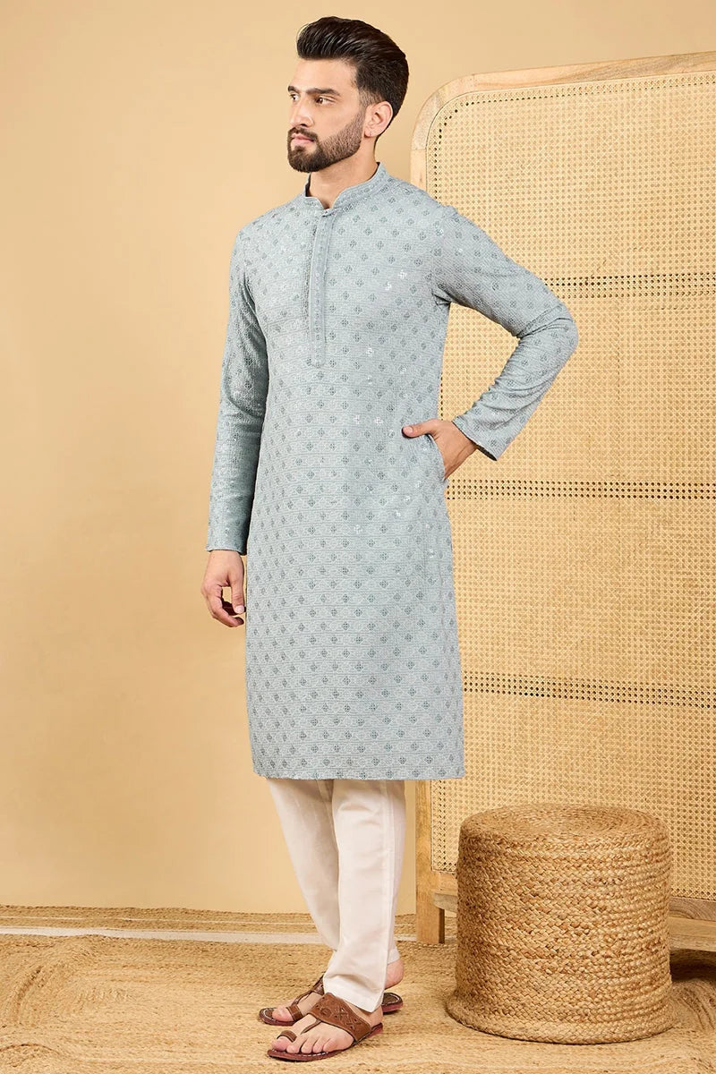 Grey Embroidered Mens Kurta - Viscose Rayon Chikankari Kurta - Style 1