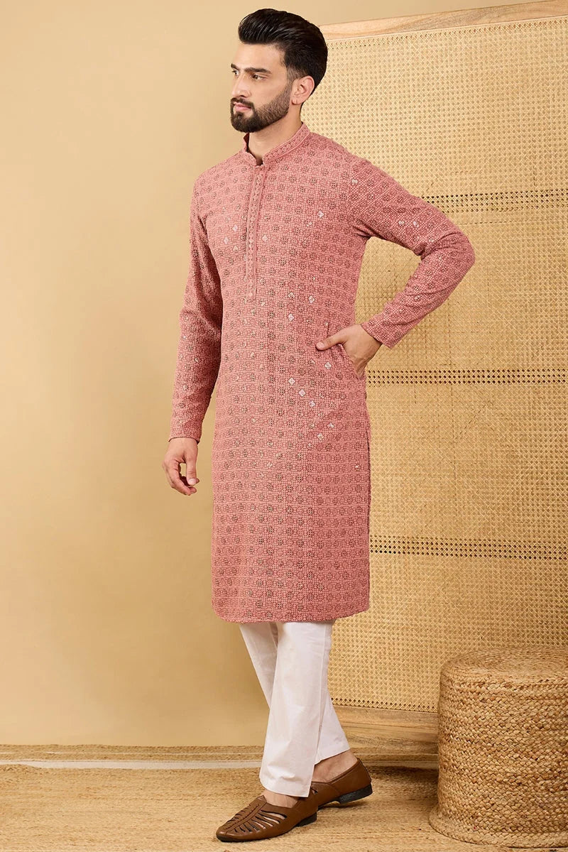 Rust Red Indian Kurta for Men - Embroidered Mens Kurta