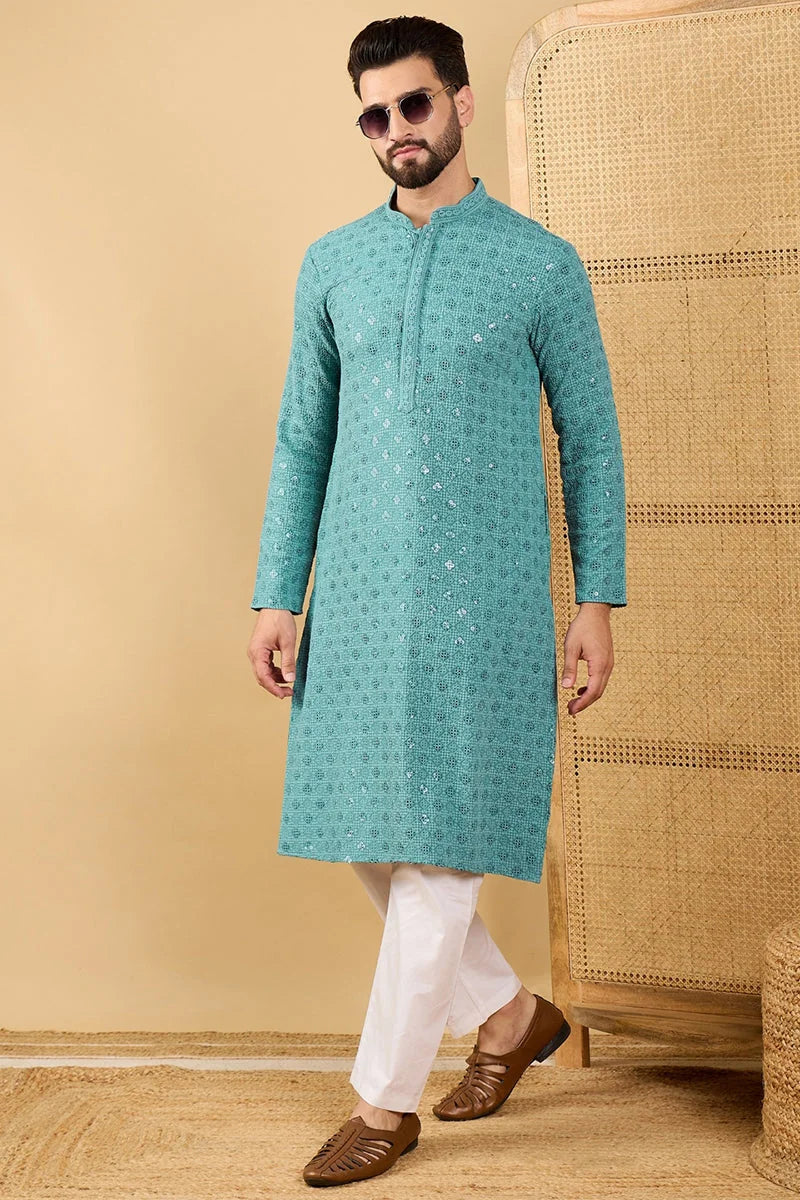 Turquoise Indian Kurta for Men - Embroidered Mens Kurta