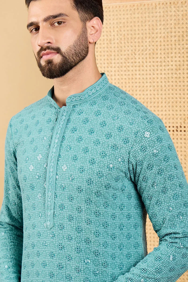 Turquoise Indian Kurta for Men - Embroidered Mens Kurta