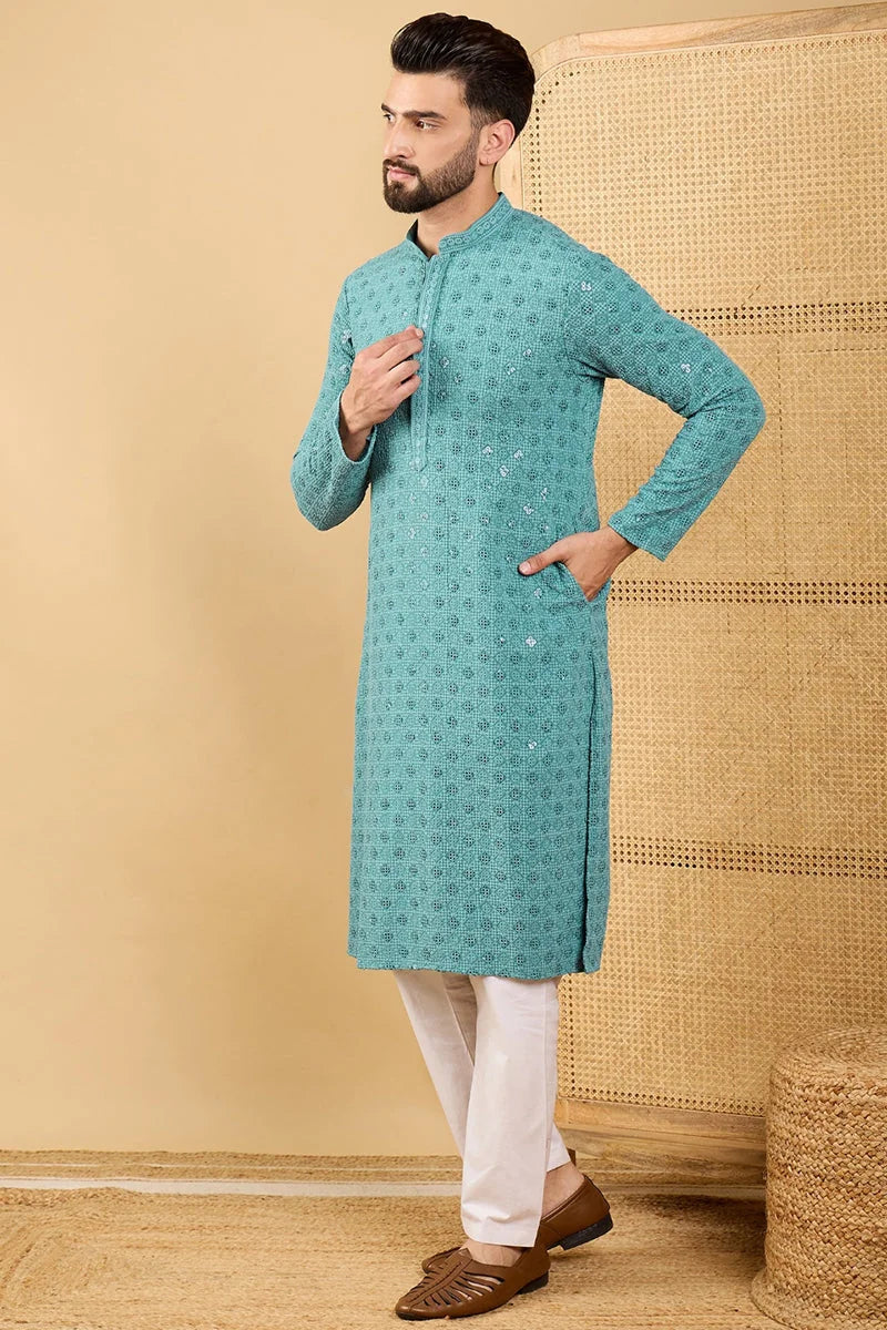 Turquoise Indian Kurta for Men - Embroidered Mens Kurta