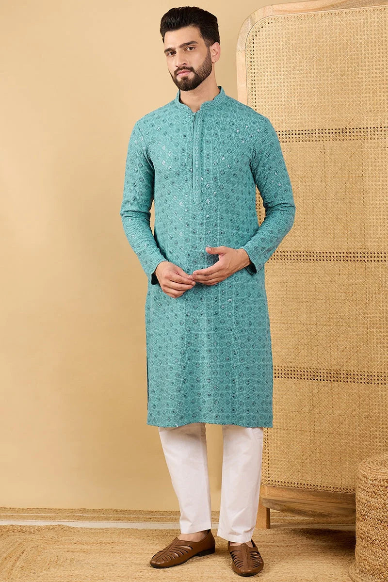 Turquoise Indian Kurta for Men - Embroidered Mens Kurta