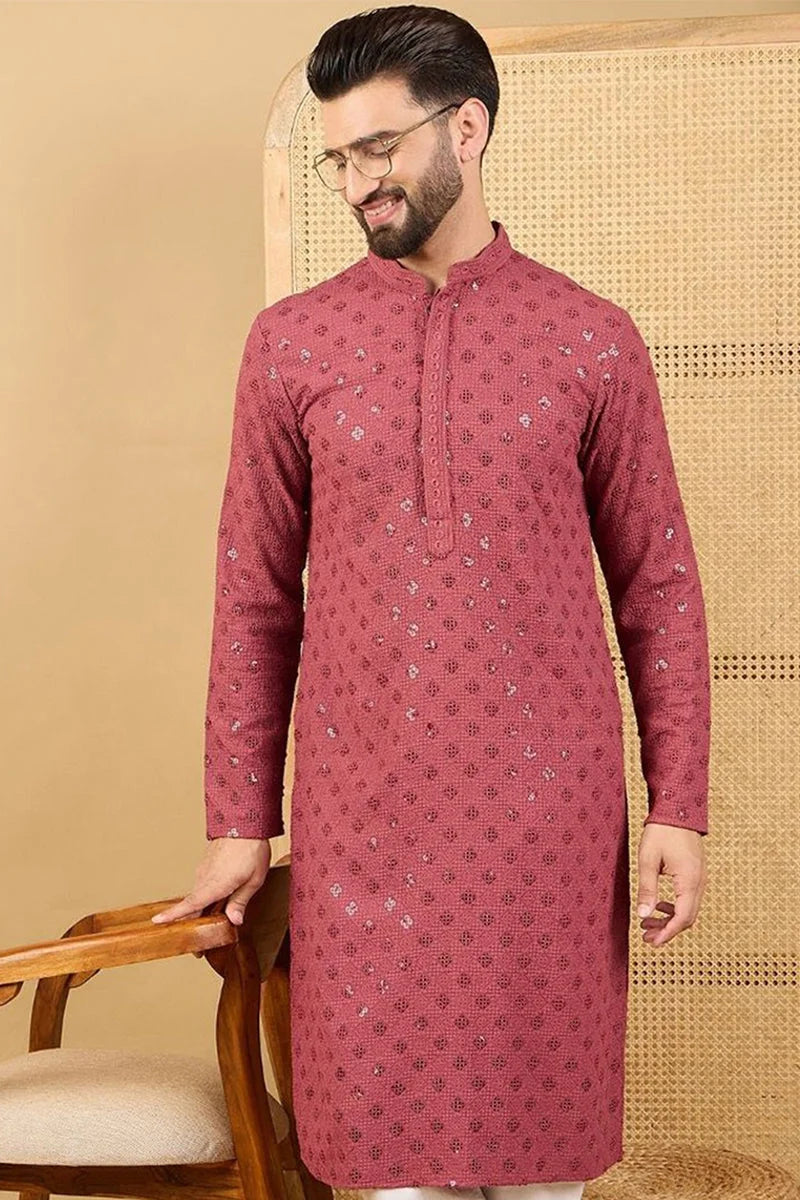 Red Embroidered Indian Kurta - Viscose Men's Kurta Online