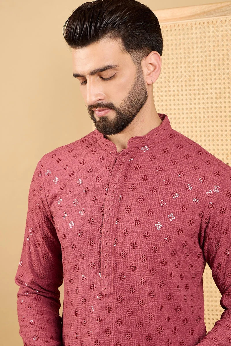 Red Embroidered Indian Kurta - Viscose Men's Kurta Online