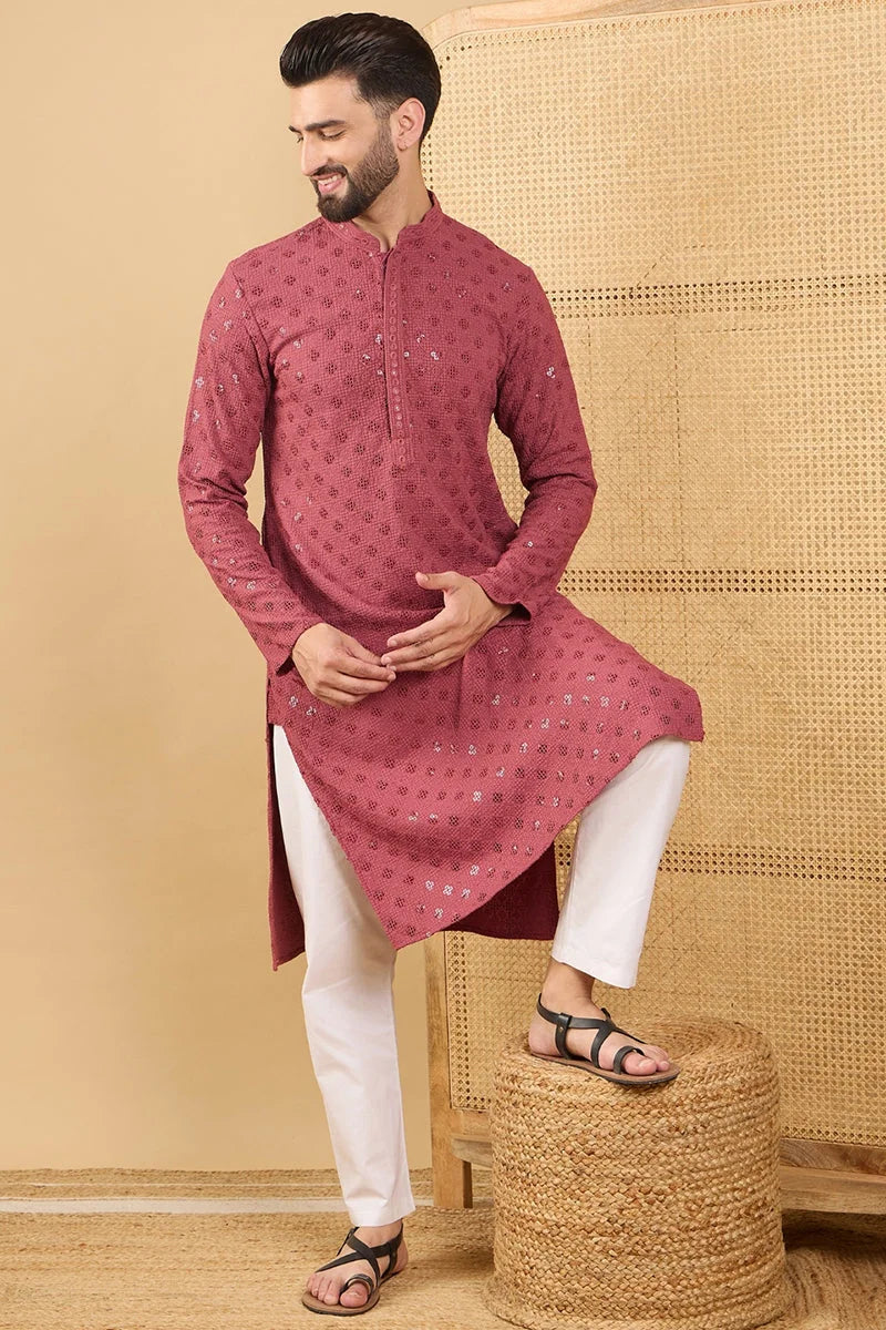 Red Embroidered Indian Kurta - Viscose Men's Kurta Online