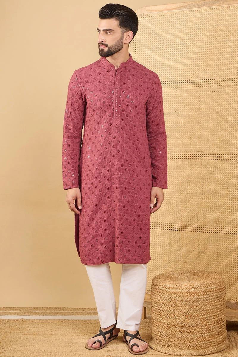Red Embroidered Indian Kurta - Viscose Men's Kurta Online