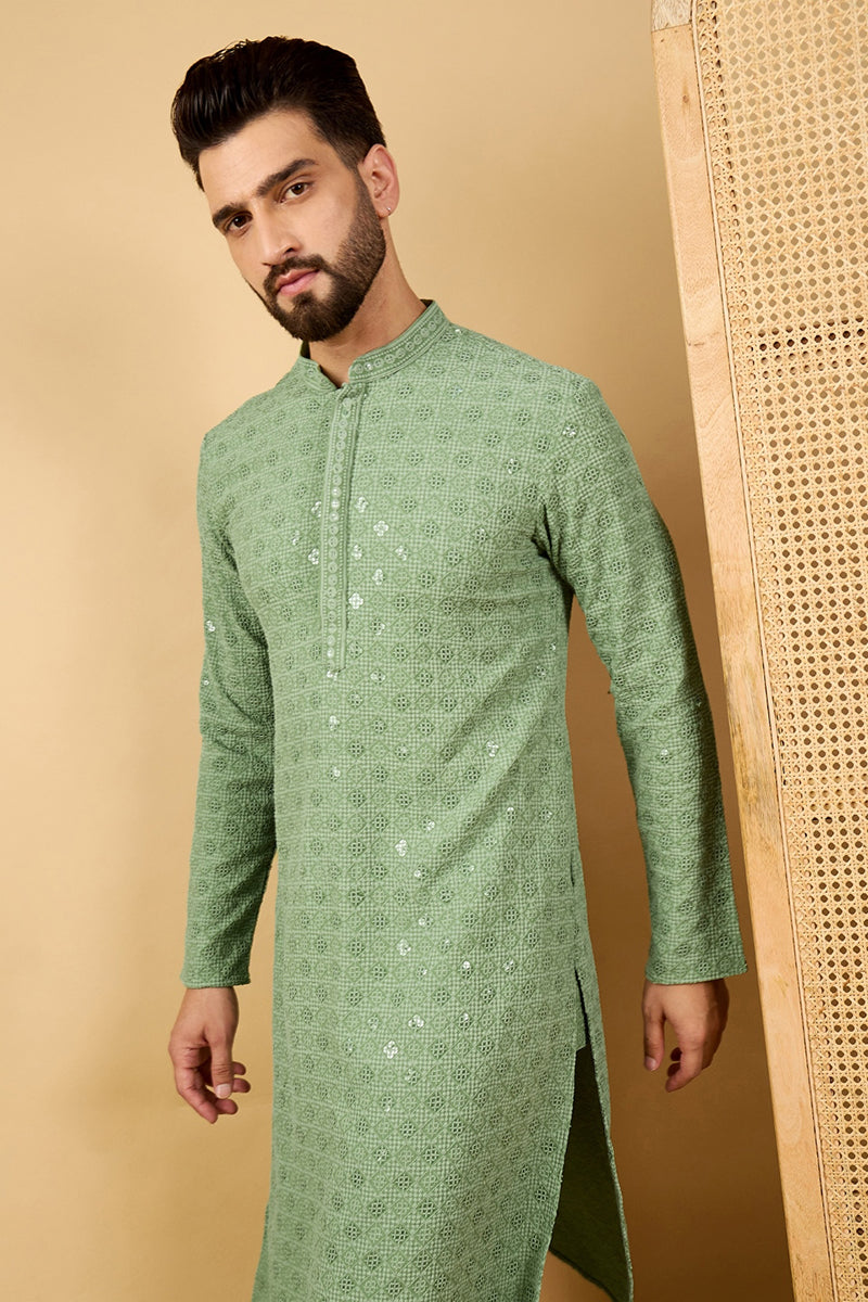 Green Embroidered Mens Kurta - Indian Kurta for Men