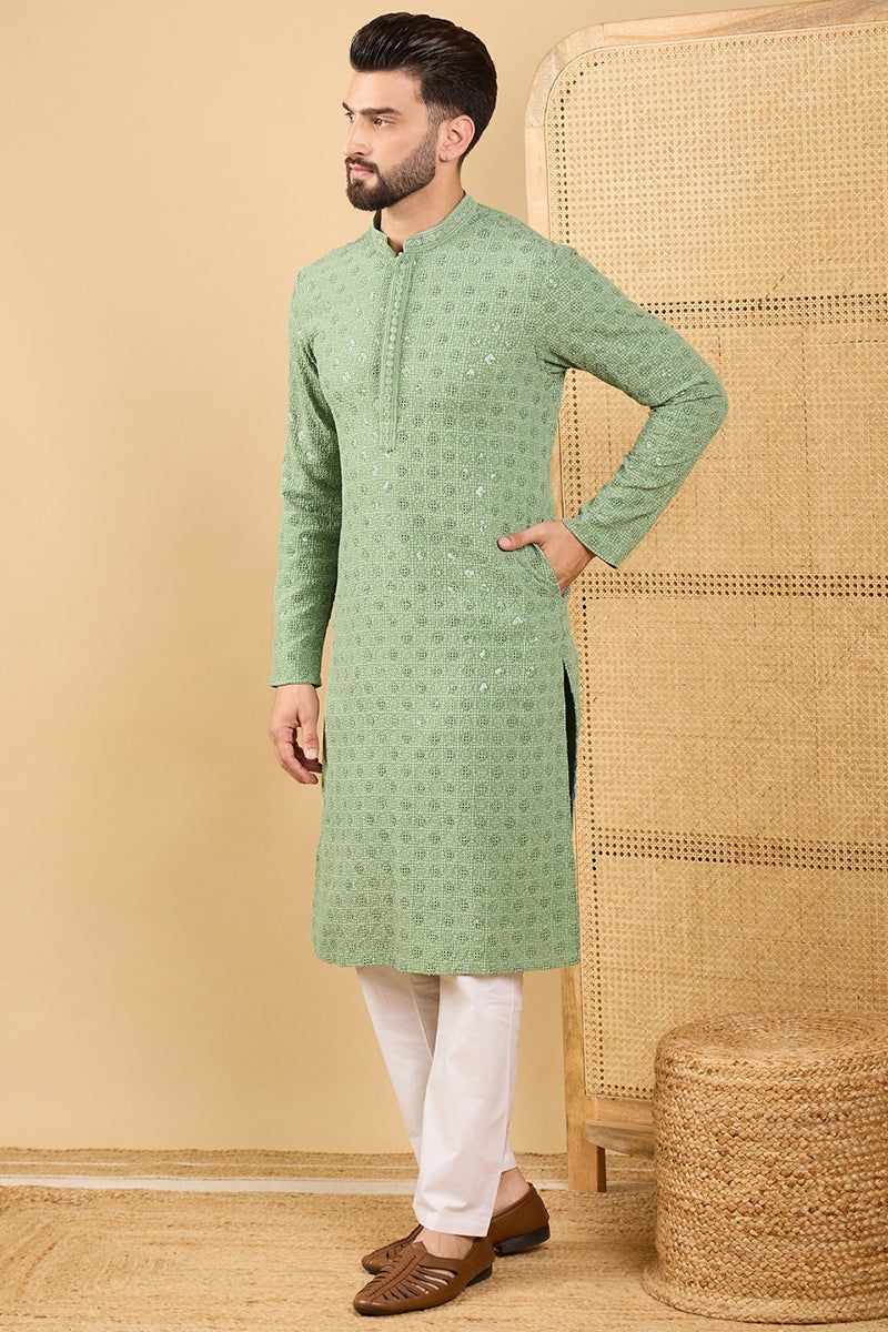 Green Embroidered Mens Kurta - Indian Kurta for Men