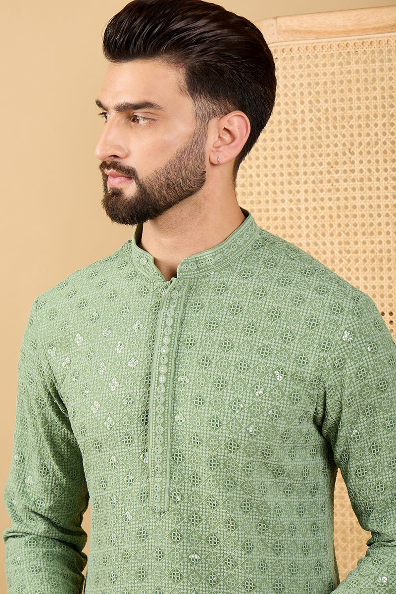 Green Embroidered Mens Kurta - Indian Kurta for Men