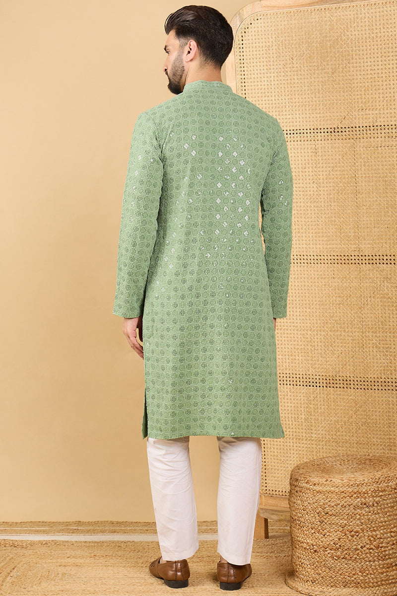 Green Embroidered Mens Kurta - Indian Kurta for Men