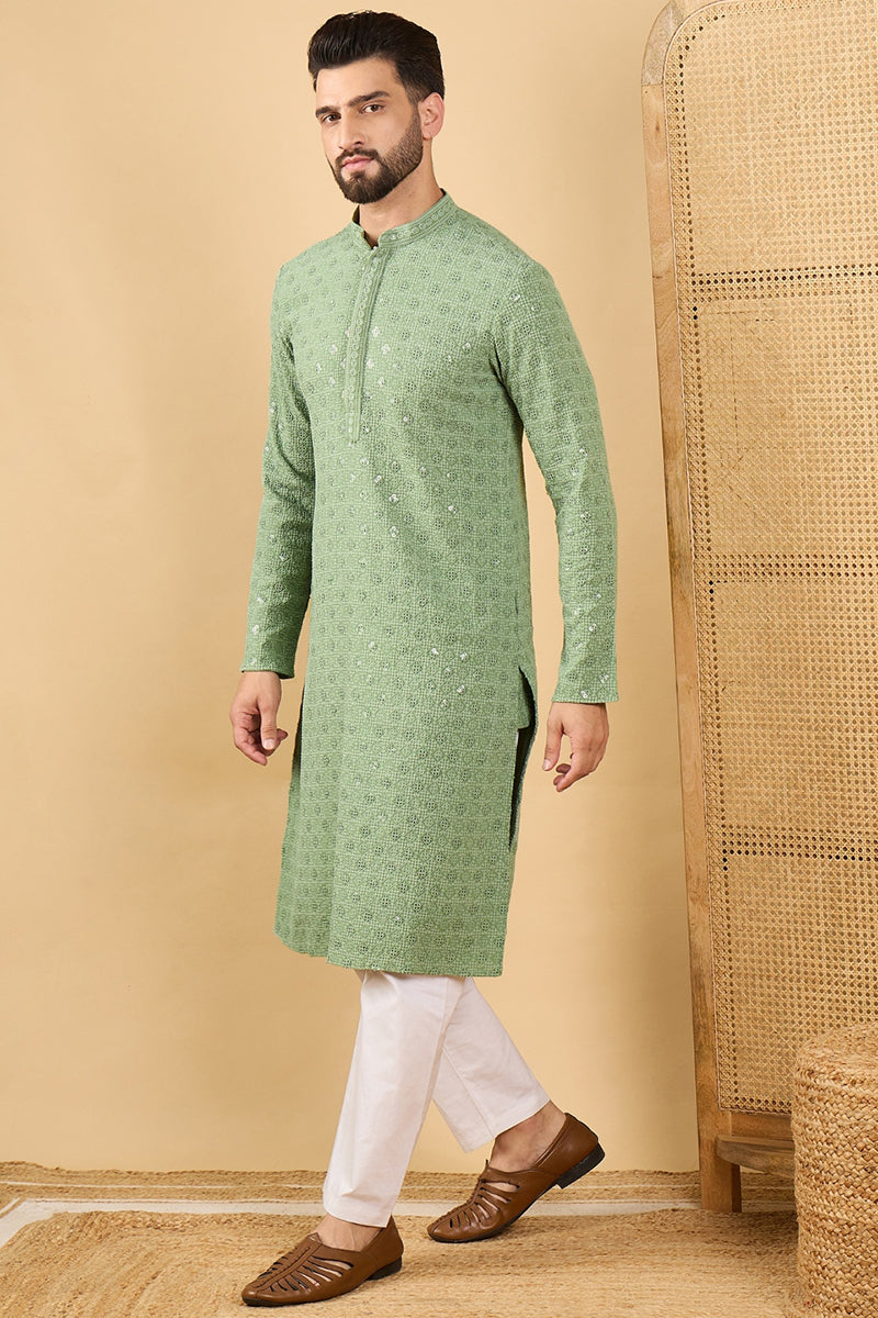 Green Embroidered Mens Kurta - Indian Kurta for Men