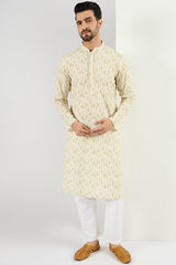 Ethnic Bay Men Cream Viscose Rayon Striped Embroidered Chikankari Straight Kurta MKU1072
